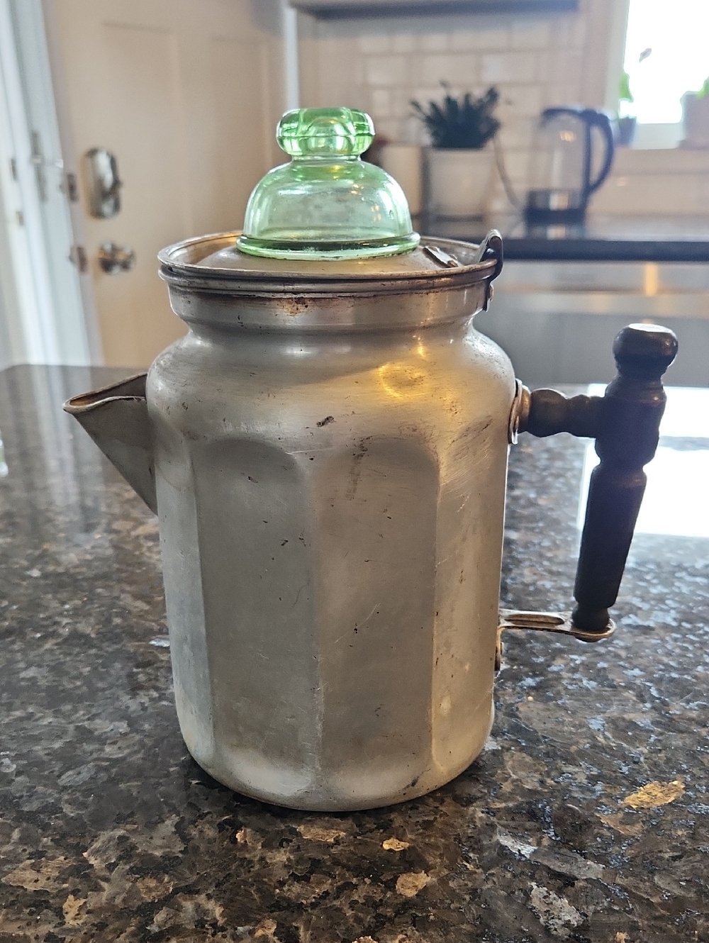 Vintage Buckeye Green-Top Aluminum Coffee Pot with Wooden Handle
